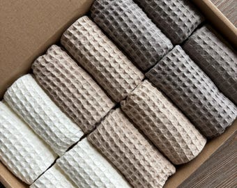 Set of 12 Cotton Fingertip Towels, Beige Waffle Weave, Soft Absorbent Eco-friendly Sustainable Bathroom Hand Face Towel SPA B&B organization