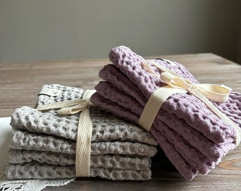 4 Linen waffle weave small towels, Face guest dish hand towel, Grey Lilac, Kitchen bathroom organization, Eco friendly