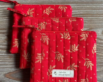 Quilted Zipper Pouch: Red Cotton with Gold Print, Handmade Coin Purse