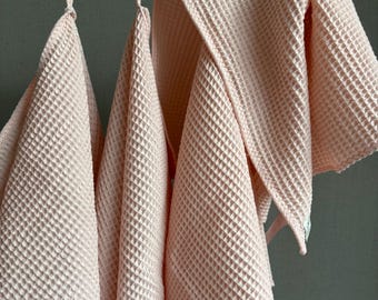 Light pink cotton tea towel, Waffle weave, Dish kitchen towel, Light salmon color, Hand guest Towels, Kitchen Organization