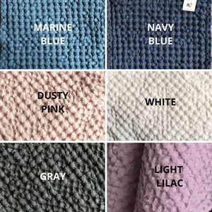 May include: Five fabric swatches in different colors and textures. The swatches are labeled "Marine Blue", "Navy Blue", "Dusty Pink", "White", and "Light Lilac".