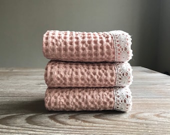 Fingertip Luxury Towel with Lace, Waffle Linen Cotton blend, Light Dusty Pink, SPA BB Restaurant towel, Eco friendly bathroom, sustainable