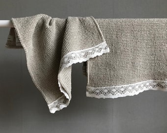 Linen waffle hand guest bath towels with lace, Waffle weave undyed natural Linen, Country farmhouse bathroom, Eco friendly