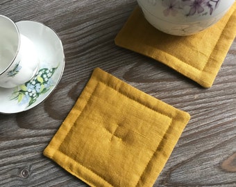 Linen Coasters Set: Mustard Yellow, Farmhouse Kitchen Decor