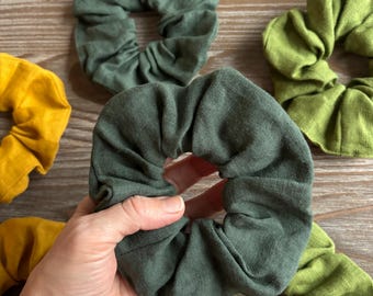 Linen Hair Scrunchie in Assorted colors, Hair Tie Scrunchy, Hair Accessories, Eco friendly sustainable, Ecological Hair Care, Forest Green
