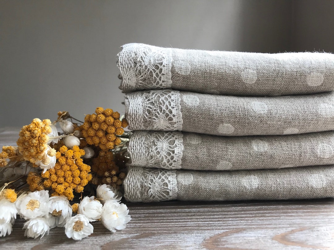 Romantic Linen Kitchen Towels with Cotton Lace Elements of Elegant
