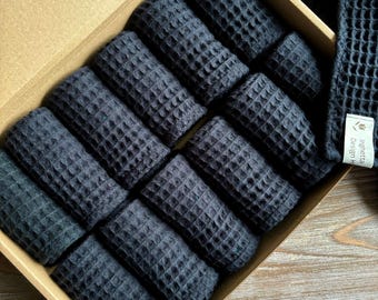 12 Cotton Fingertip Small towels, Black Waffle Weave Towels, Hand Towels, SPA B&B organization, Charcoal, Eco friendly soft cotton fabric