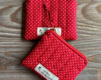 Quilted mini zip pouch, Coins purse, Cotton red white polka dots, Sustainable eco, Small accessories storage bag, Zipper pouch bag