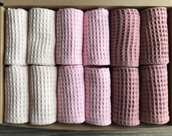 12 Cotton Fingertip Small towels, Waffle Weave Towels, Dusty Rose Pastel Pink, Baby girl shower, SPA B&B organization, Eco friendly soft