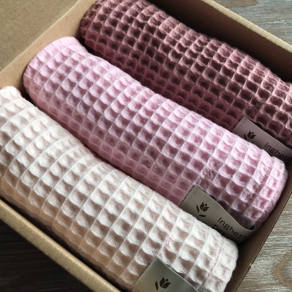 3 Cotton Fingertip Small towels in box, Waffle Weave Towels, Dusty Rose Pastel Pink, Baby girl shower, SPA B&B gym organization,Eco friendly