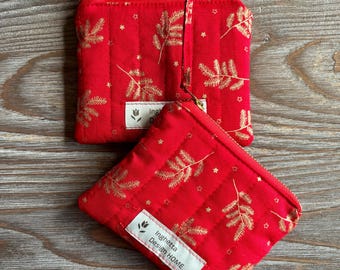 Quilted Mini Zip Pouch: Red & Gold Cotton Coin Purse