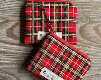 Quilted Zip Pouch: Red Gold Plaid Cotton Coin Purse