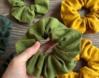 Linen Hair Scrunchie in Assorted colors, Hair Tie, Soft Stonewashed Scrunchy, Hair Care Accessories, Eco friendly sustainable, Grass Green