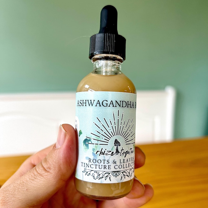 Op de afbeelding: Een heldere glazen fles met een zwarte druppelkap, gevuld met een bruinachtige vloeistof. Het etiket leest "ASHWAGANDHA" boven een zonnesterontwerp en de woorden "rhize together" en "ROOTS & LEAVES TINCTURE COLLECTION". De fles wordt in een hand gehouden.