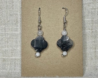 Black Rultilited Quartz with Moonstone Earrings
