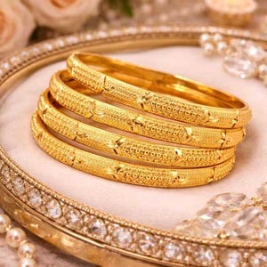 22K Gold Bangle Bracelet Set, Fancy Laser Design, Traditional Indian Bridal Jewelry