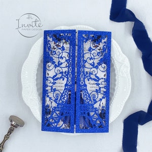 Romantisch Parijs Thema Verjaardag Uitnodiging Glitter Royal blue Laser Quinceañera Uitnodiging, Bewerkbare Mis Quince 15 Anos Laser Card Met Envelop