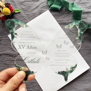 Aangepaste Emerald Green Butterfly Quinceañera acryl uitnodiging, elegante Mis XV Anos Butterfly acryl kaart {gratis voorbeeld beschikbaar}
