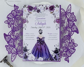 Romantic Purple Butterfly Laser Cut Invitation For Quinceañera And Sweet 16, Customized Mis Anos Invitation  {Free Preview Available}