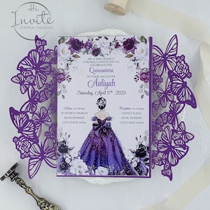 Romantische paarse vlinder lasergesneden uitnodiging voor quinceañera en Sweet 16, aangepaste Mis Anos-uitnodiging {gratis voorbeeld beschikbaar}