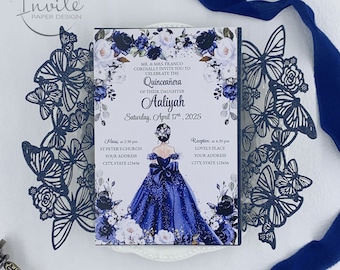 Navy Butterfly Laser Cut Invitation: Quinceañera, Sweet 16