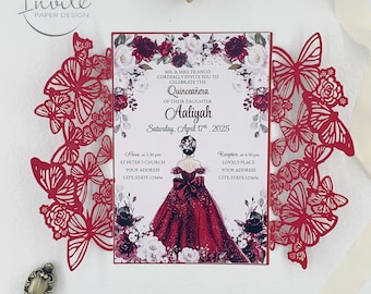 Elegant Red Butterfly Laser Cut  Invitation For Quinceañera And Sweet 16, Customized Mis XV Anos Invitation  {Free Preview Available}