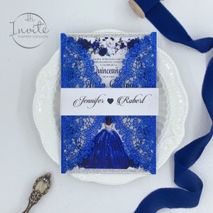 Fancy Glitter Royal Blue Laser Cut Chantilly Sweet 16 Uitnodiging, Blauwe Uitnodigingskaart Voor Mis Quince XV Anos{Free Infinite Design Before Pay}