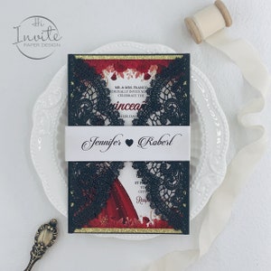 Klassieke zwart en rode Chantilly lasergesneden uitnodiging voor Quinceañera en Sweet 16, aangepaste huwelijksuitnodiging {gratis preview beschikbaar}