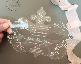 Elegant Masquerade Party Invitation: Mask Style Acrylic Invite