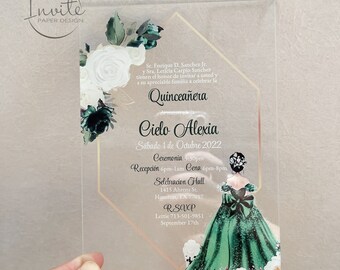 Uitnodiging voor quinceañera groen meisje: elegante uitnodiging van transparant acryl