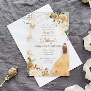 Gold Rose Blumen Quinceaña Acryleinladung mit Schmetterling für Sweet 15, ausgefallene Mis XV Anos Acryleinladung {Kostenlose Vorschau verfügbar}