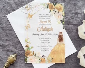 Gold Floral Butterfly Acrylic Quinceañera Invitation: Sweet 15