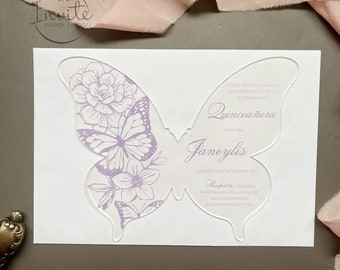 Lavender Butterfly Quinceañera Acrylic Invitation, 16 Birthday Butterfly Acrylic Invite,  Butterfly Acrylic card {Free Preview Available}