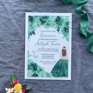 Convite acrílico Quinceañera verde esmeralda personalizado com princesa, convite de aniversário em acrílico doce 16 {visualização gratuita disponível}