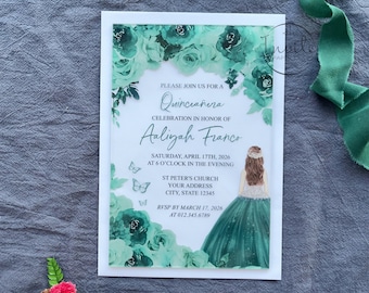 Custom Emerald Green Quinceañera Acrylic Invitation With Princess, Sweet 16 Acrylic Birthday Invitation  {Free Preview Available}