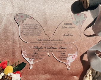 Blush Floral Butterfly Acrylic Sweet 15 Invitation Thickness With UV Printing, Customized Acrylic For Quinceañera {Free Preview Available}