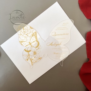 Acryl vlinder Quinceañera uitnodiging, 15 verjaardag vlinder acryl uitnodiging, elegante vlinder acryl kaart {gratis voorbeeld beschikbaar}