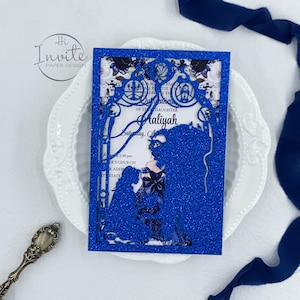 Glitter Royal Blue Laser Cut Floral Quinceañera Invitation, Invite For Mis Quince XV Anos & Sweet 15{Free Infinite Design Before Pay}