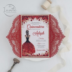 Prachtige rood en goud laser gesneden Chantilly uitnodiging voor Mis Quince Anos Sweet 15, DIY Lace Bruiloft uitnodiging {Gratis Preview Beschikbaar}
