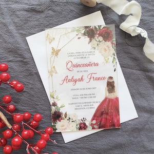 Rote Rose und Gold Quinceaño Acryleinladung, ausgefallene Mis XV Anos Acryleinladung mit Umschlag, süße 16 Einladungen {Kostenlose Vorschau verfügbar}