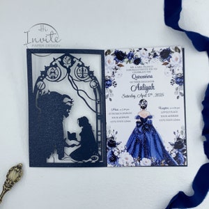 Hollow Navy Beauty and The Beast Floral Mis XV Años Laser Cut Uitnodiging Gedrukt Quince Laser 15 Verjaardagsuitnodigingen {Gratis voorbeeld beschikbaar}