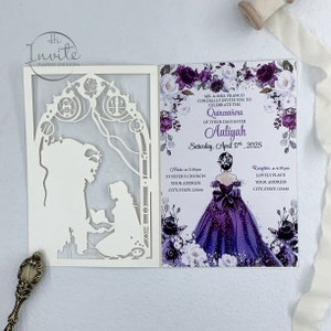 Hollow White Beauty and The Beast MIS QUINCE Folder Card, elegante lasergesneden uitnodigingen met bedrukte insert {Gratis preview beschikbaar}