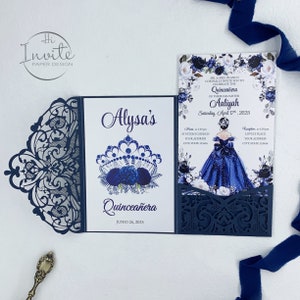 Elegante Marine Laser Gesneden Bloemen Mis XV Años Tri-fold Uitnodiging, Aangepaste Quince Años Sweet 16 Girl Uitnodigingen {Gratis Preview Beschikbaar}
