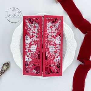 Romántica Torre Eiffel Roja Cortada con Láser Floral Mis XV Años Invitación, Personalizado Quince Dulce 16 Cumpleaños Invitaciones {Vista previa gratuita disponible}