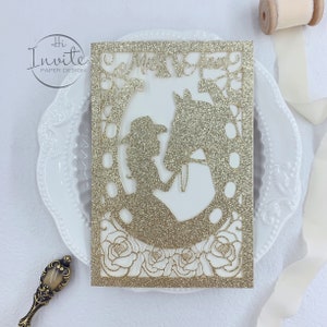 Glitter champanhe ouro disney princesa convite oco menina cavalo rosa cartão laser personalizado mis xv años convite {visualização gratuita disponível}