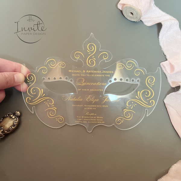 Special Acrylic Invitation For Masquerade Party, Gold Masquerade Invites, Mask Printable Invitation With Envelope {Free Preview Available}