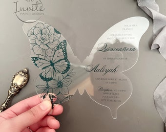 Green Butterfly Quinceañera Acrylic Invitation, Elegant Butterfly Acrylic Mis XV Anos Card With Envelope {Free Preview Available}