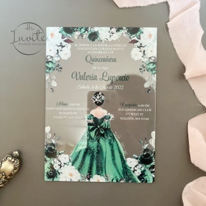 Grüne Quinceañara Transparente Acryl Einladung, Benutzerdefinierte Sweet 16 Acryl Einladung, Elegantes Acryl Mit Umschlag {Kostenlose Vorschau verfügbar}