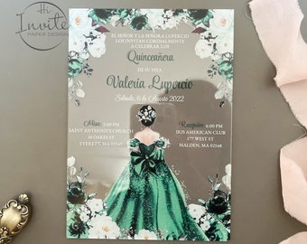 Green Quinceañera Transparent Acrylic Invite, Custom Sweet 16 Acrylic Invitation, Elegant Acrylic With Envelope {Free Preview Available}