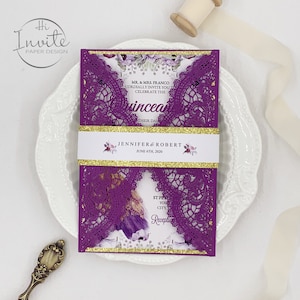 Prachtige paarse en gouden lasergesneden Chantilly-uitnodiging voor Mis Quince Anos Sweet 15, aangepaste laserbruiloftsuitnodiging {gratis preview beschikbaar}